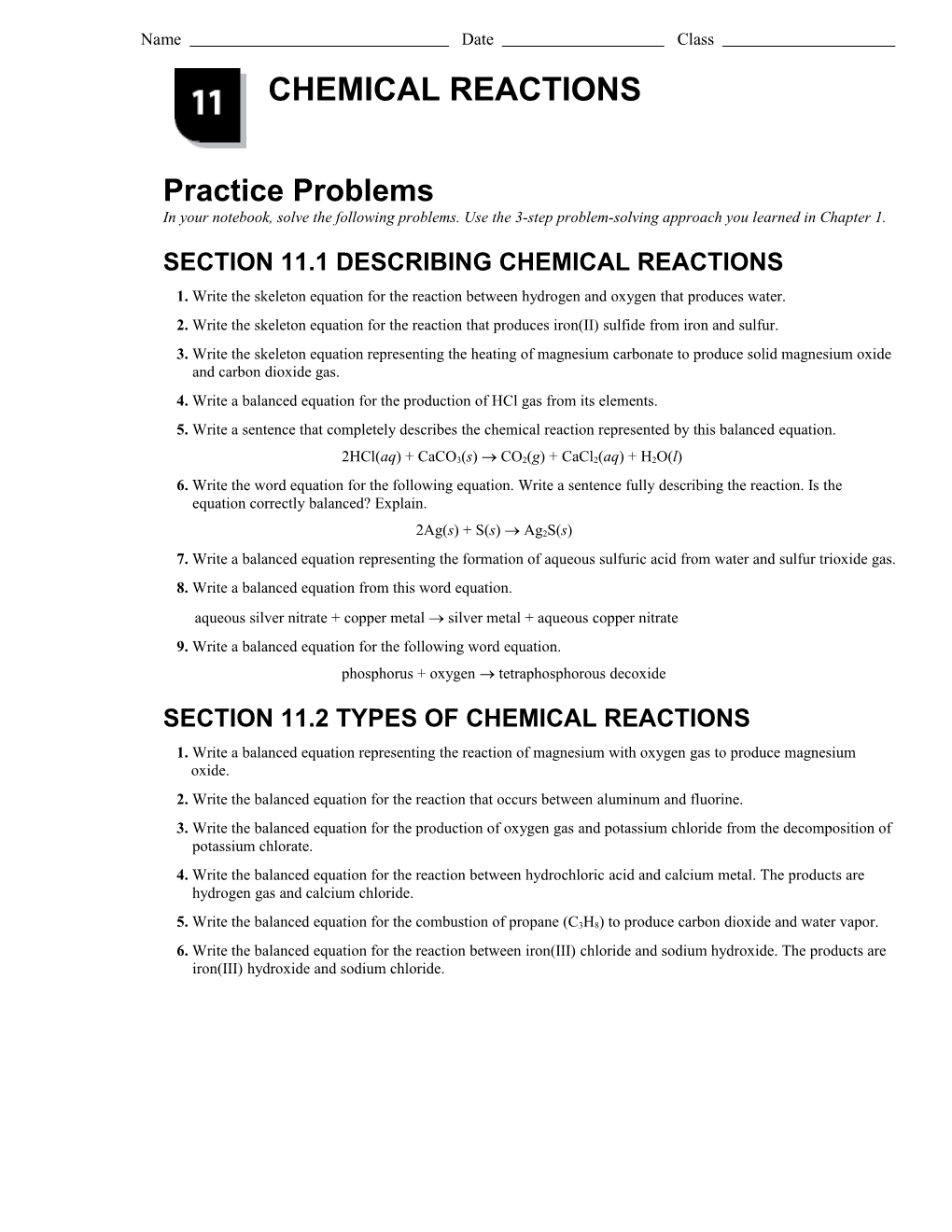 Section 11.1 Describing Chemical Reactions