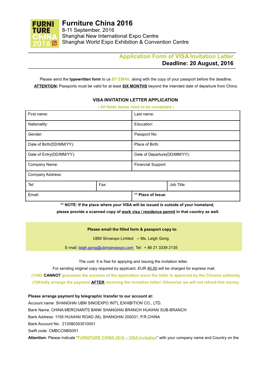 Application Form of VISA Invitation Letter