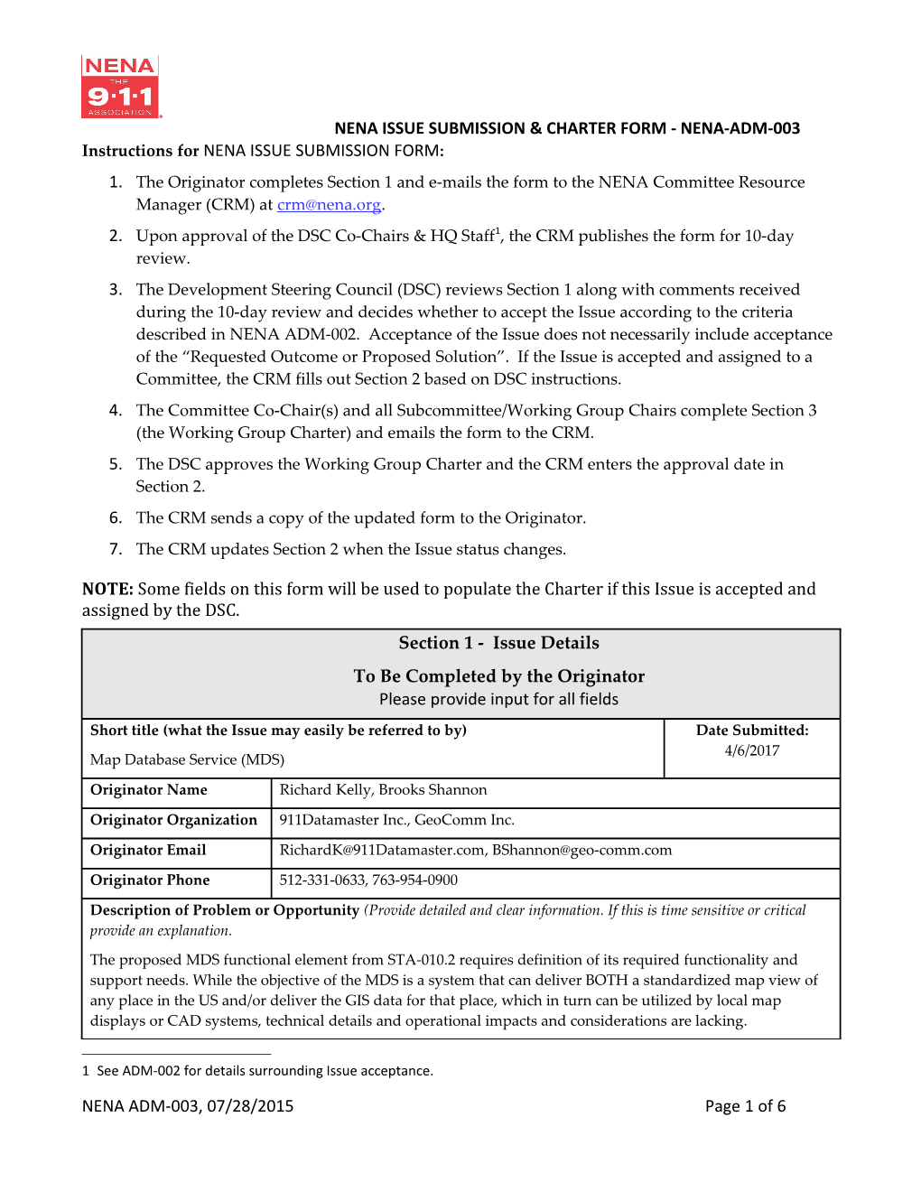 Instructions for NENA ISSUE SUBMISSION FORM s1