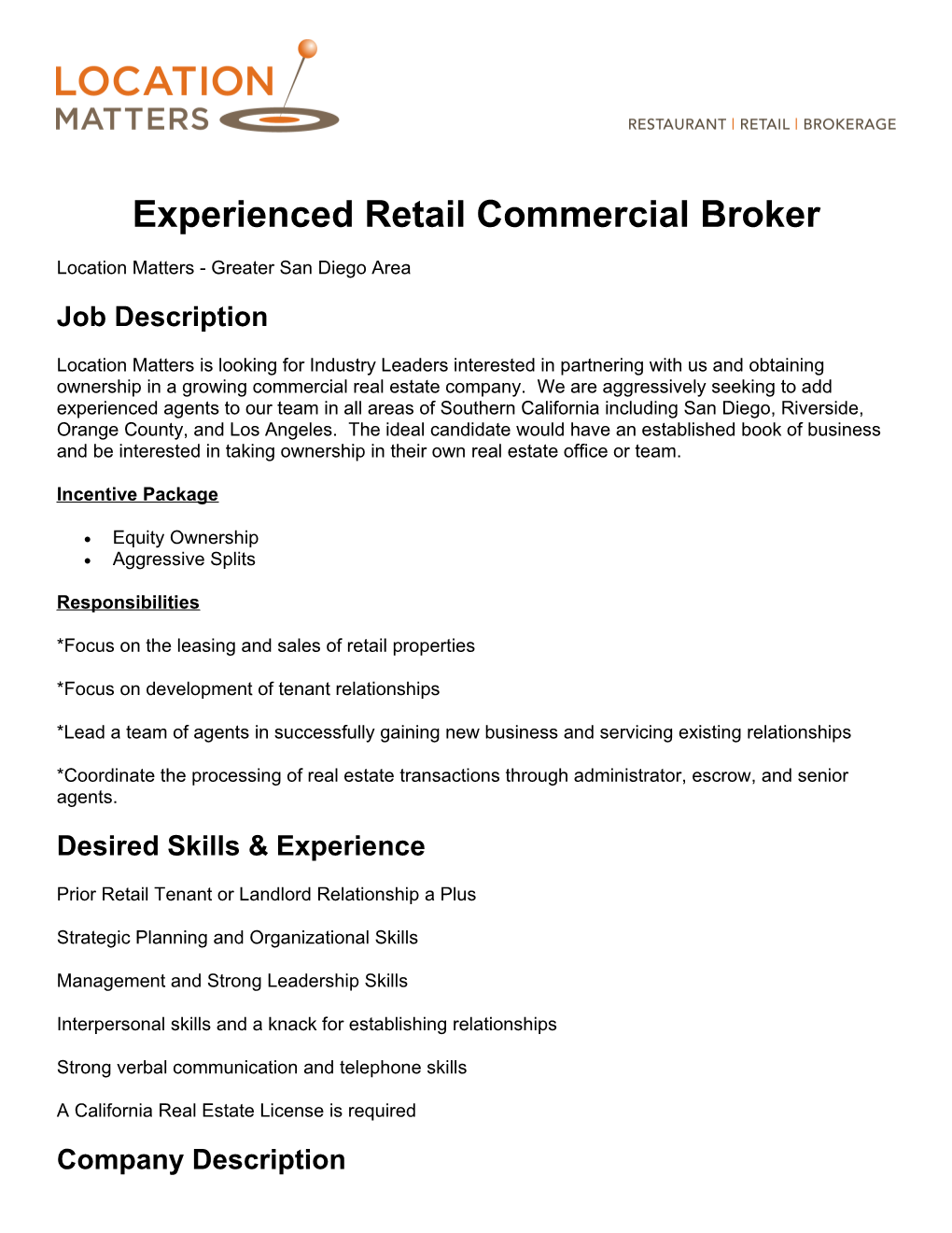 Experienced Retail Commercial Broker