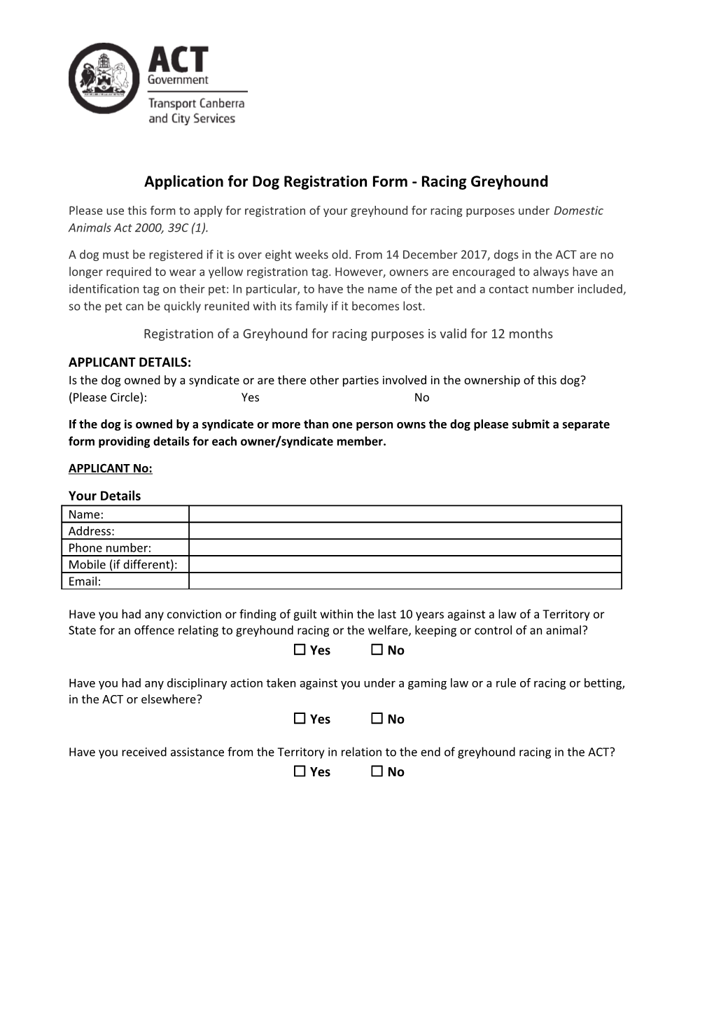 Application for Dog Registration