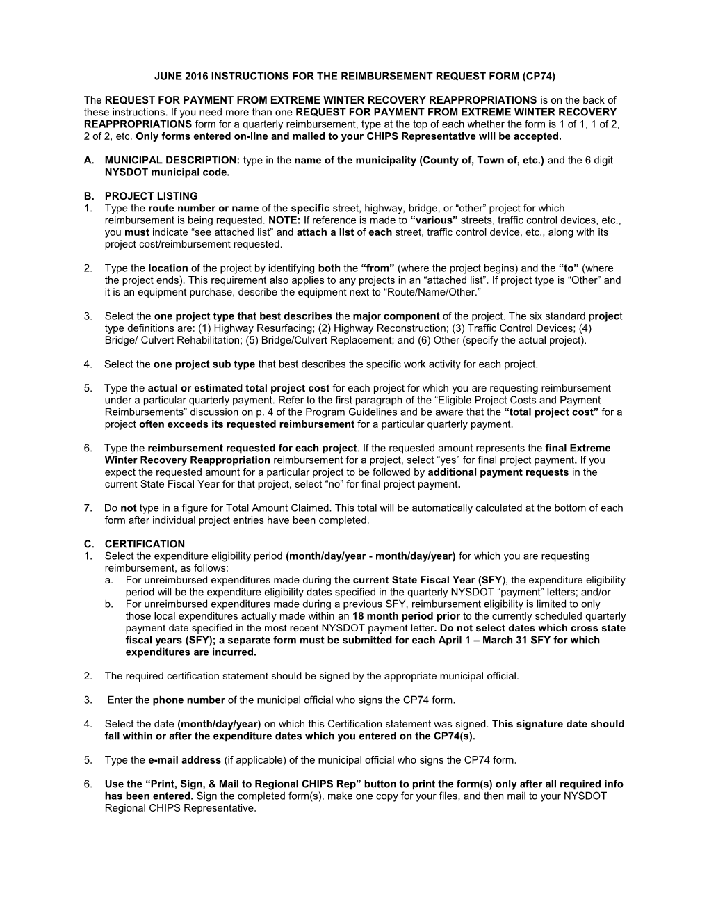 June 2016 Instructions for the Reimbursement Request Form (Cp74)