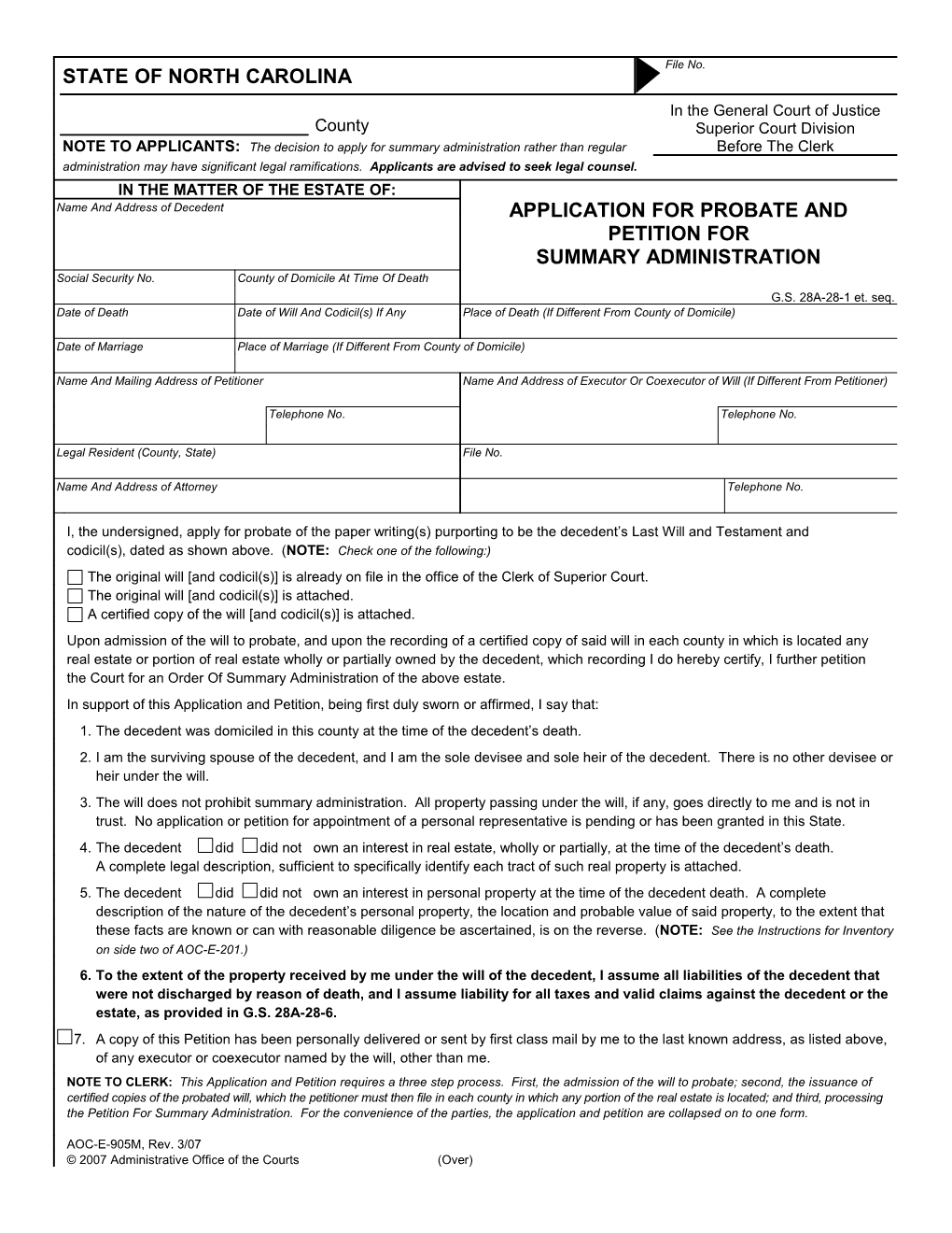 Application for Probate & Petition for Summary Administration