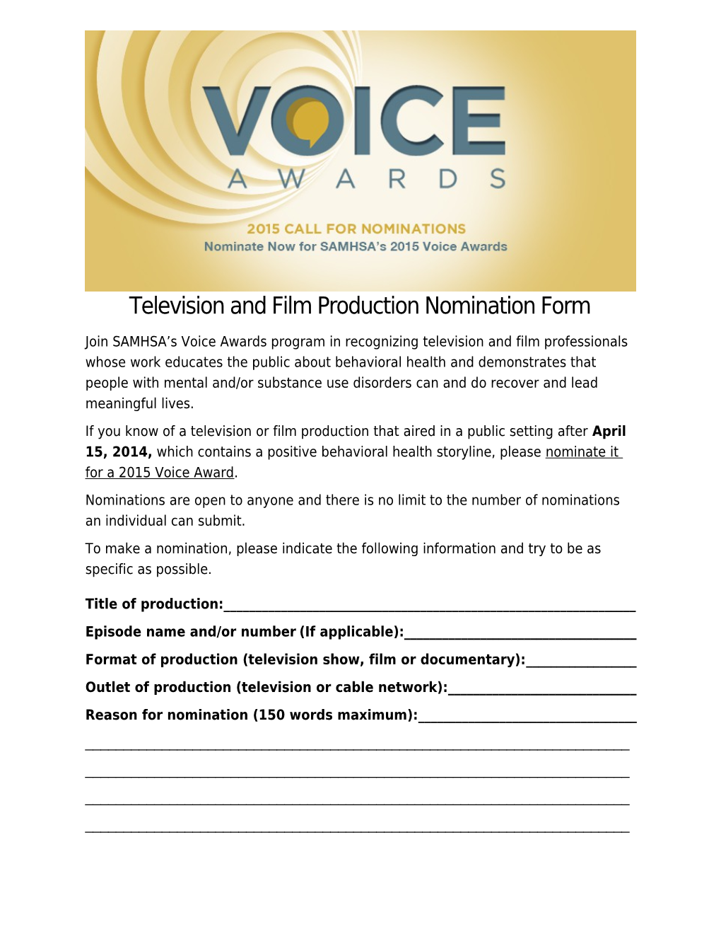 Nominate Productions for SAMHSA's 2012 Voice Awards