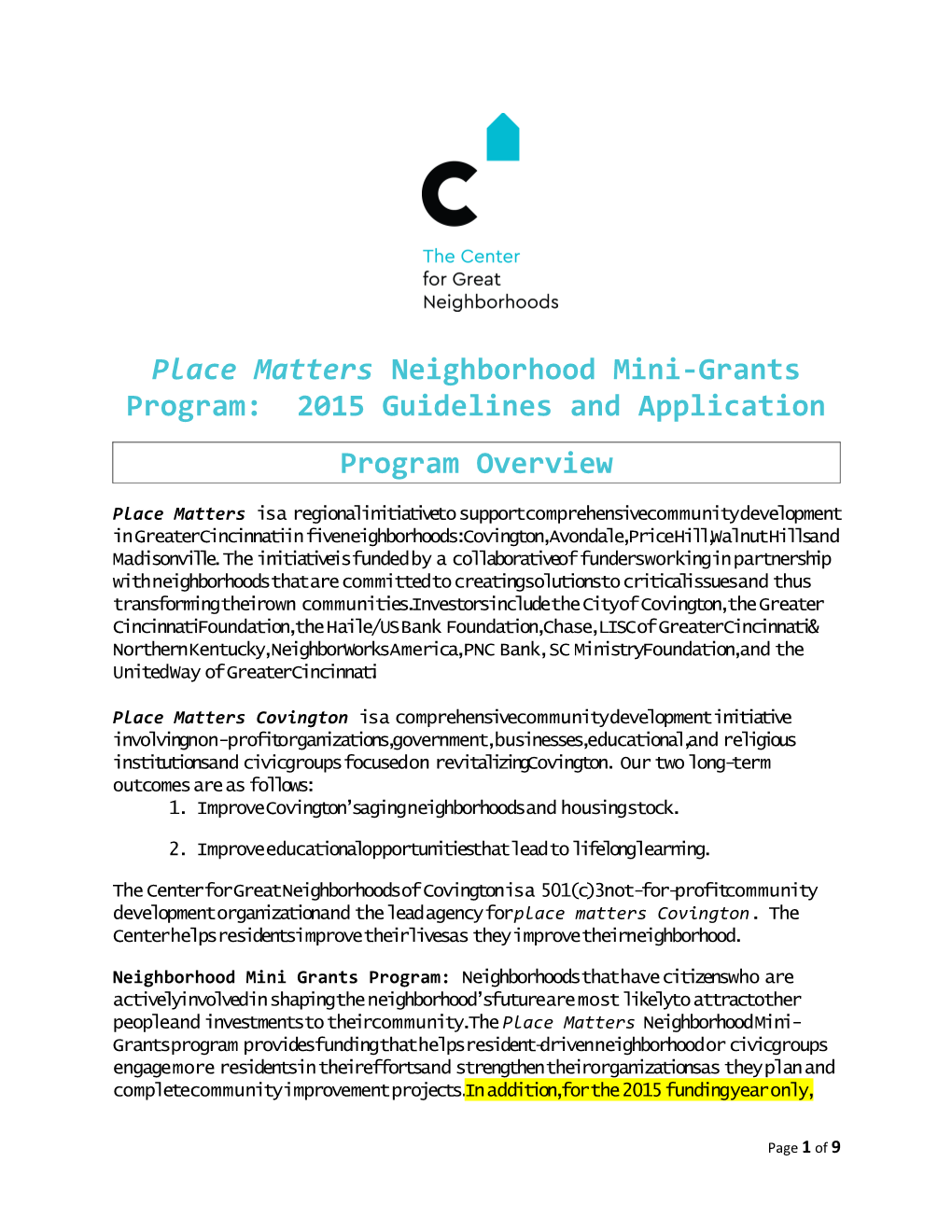 Place Matters Neighborhood Mini-Grants Program: 2015 Guidelines and Application