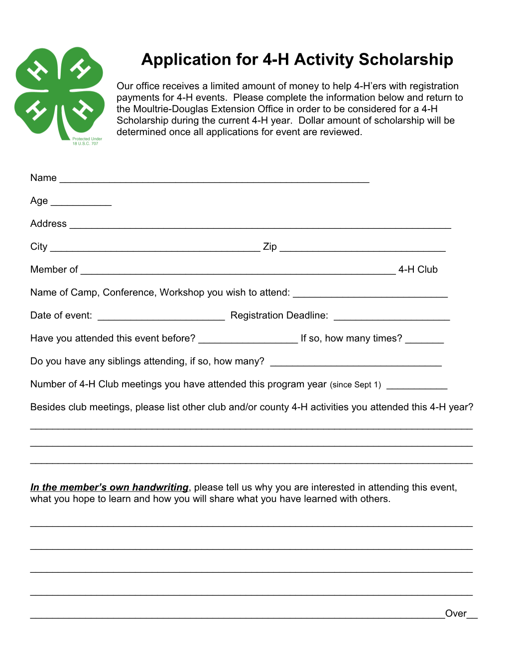 Application for 4-H Camp Scholarship