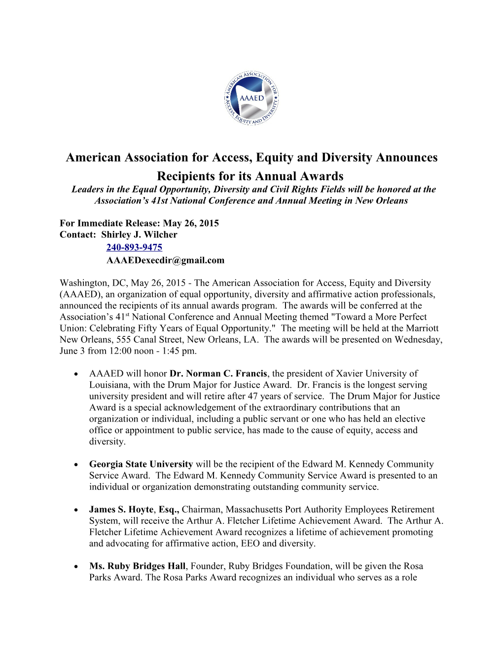 American Association for Access, Equity and Diversity Announces