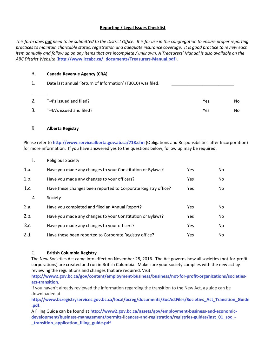 Reporting/ Legal Issues Checklist