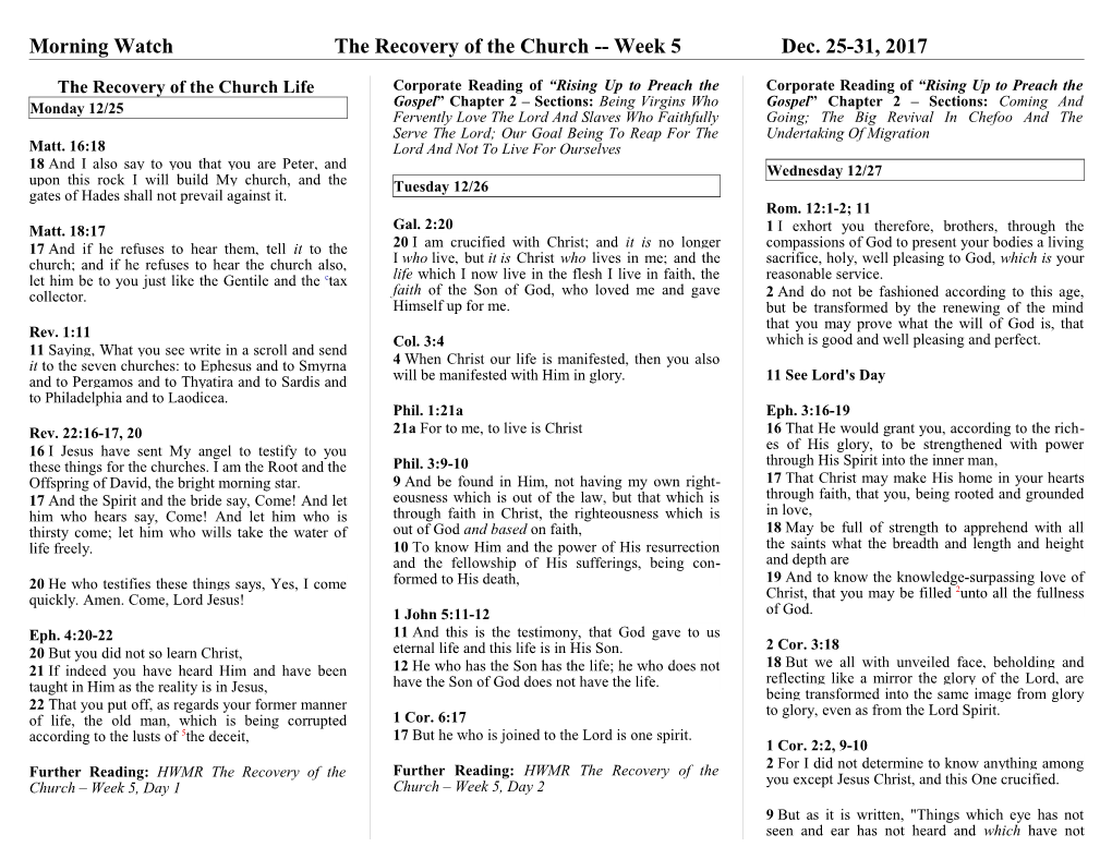 Morning Watch the Recovery of the Church Week 5 Dec. 25-31, 2017