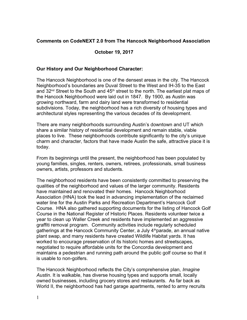 Comments on Codenext2.0 from Thehancock Neighborhood Association