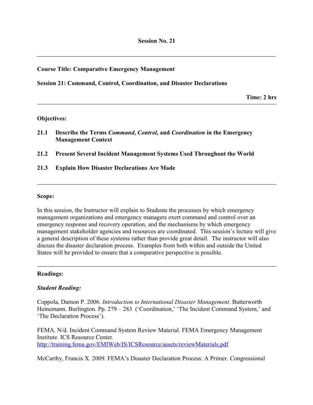 Course Title: Comparative Emergency Management