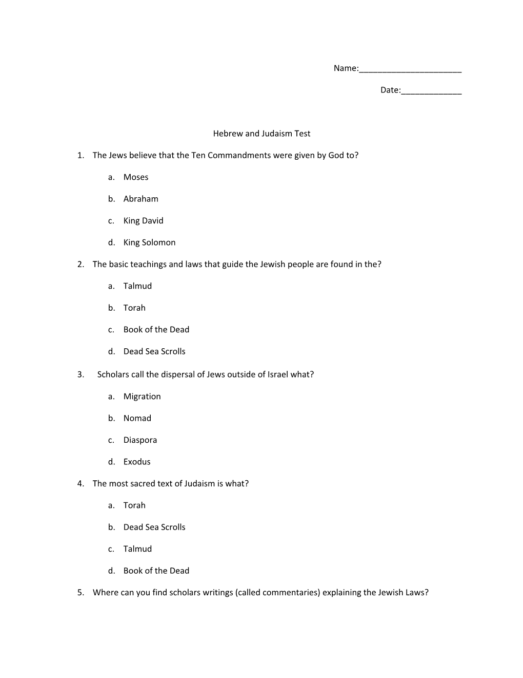 Hebrew and Judaism Test