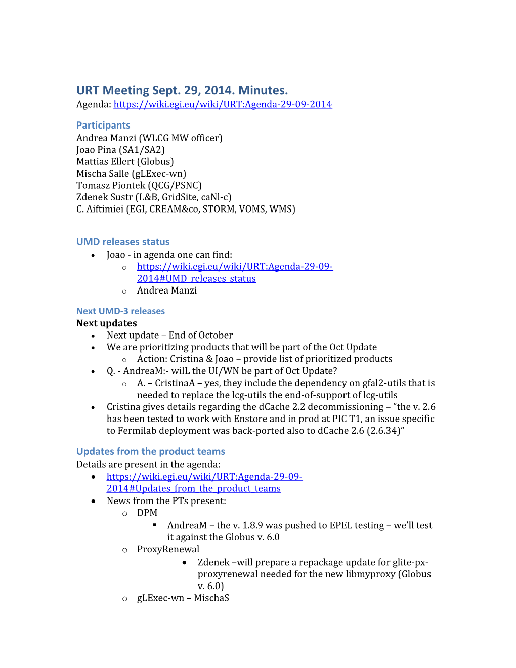 URT Meeting Sept. 29, 2014. Minutes