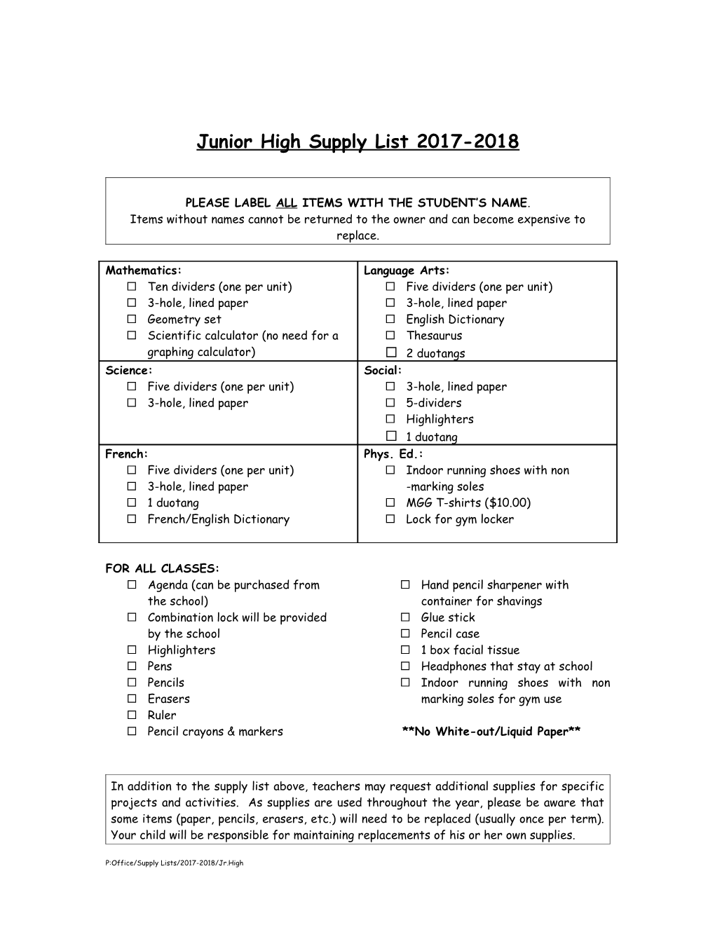 Kindergarten Supply List for 2003/2004