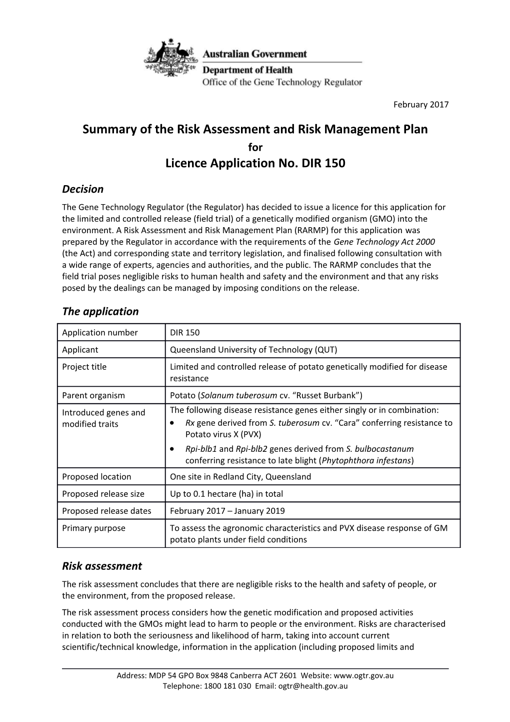 DIR 150 Summary of RARMP