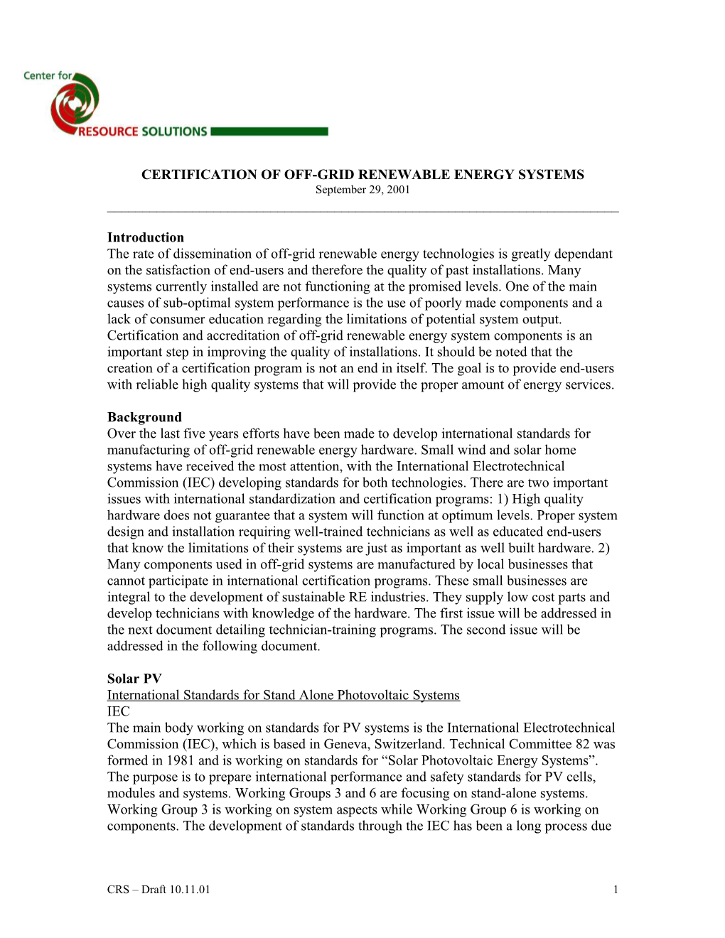 Certification of Off-Grid Renewable Energy Systems