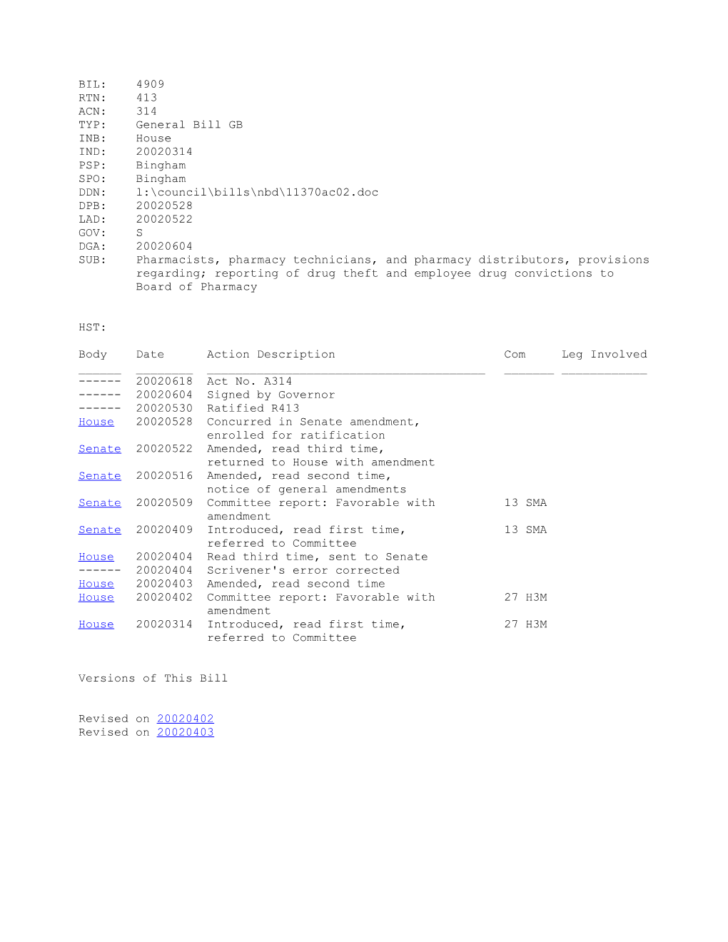 2001-2002 Bill 4909: Pharmacists, Pharmacy Technicians, and Pharmacy Distributors, Provisions