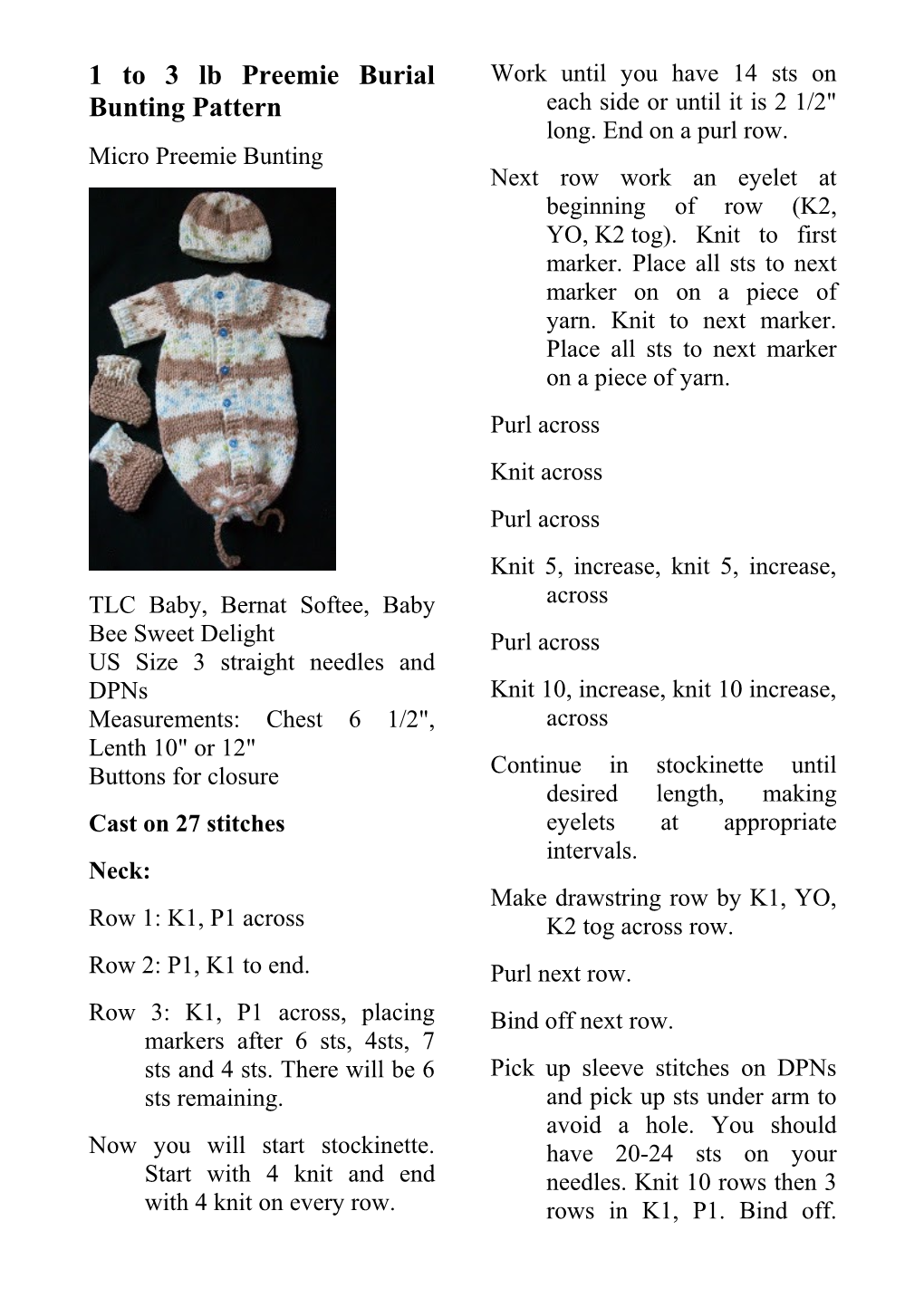 1 to 3 Lb Preemie Burial Bunting Pattern