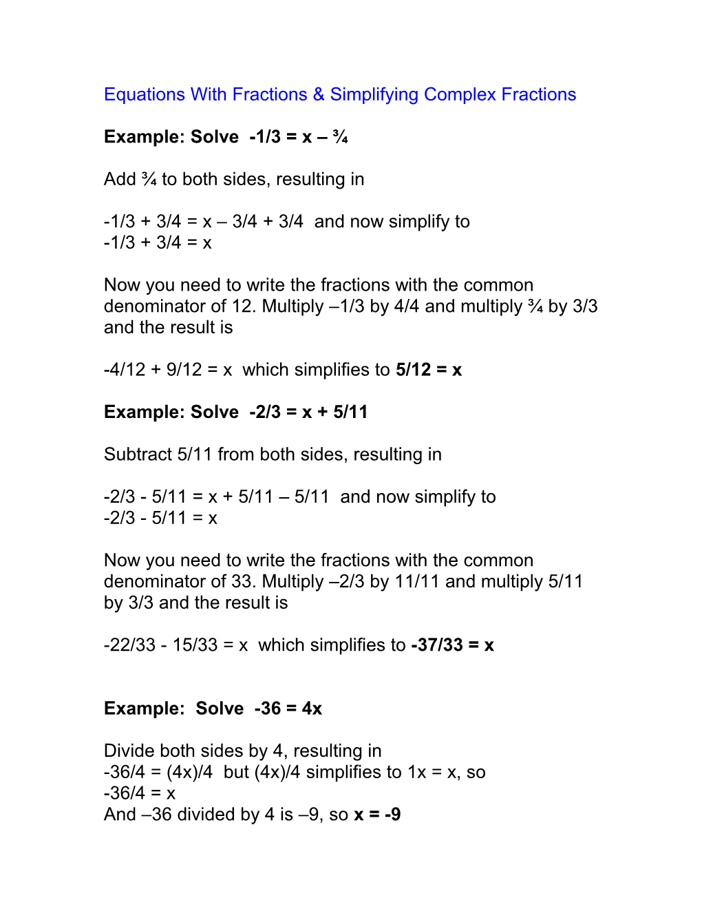 Equations with Fractions & Simplifying Complex Fractions