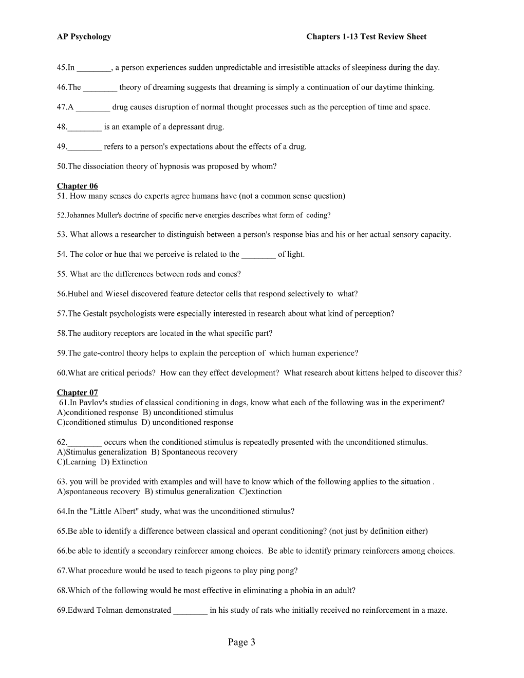 AP Psychology Chapters 1-13 Test Review Sheet