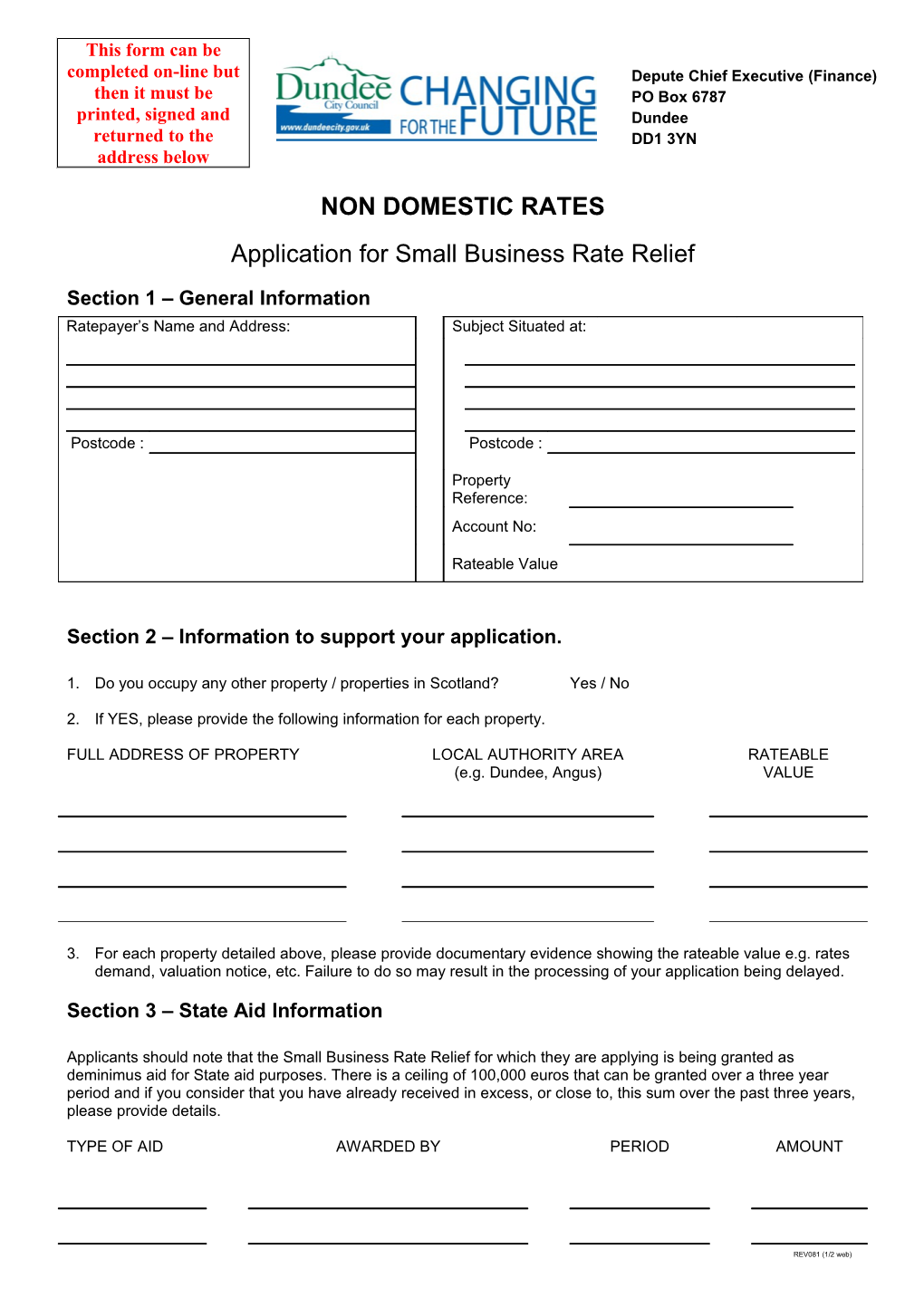 Application for Small Business Rate Relief