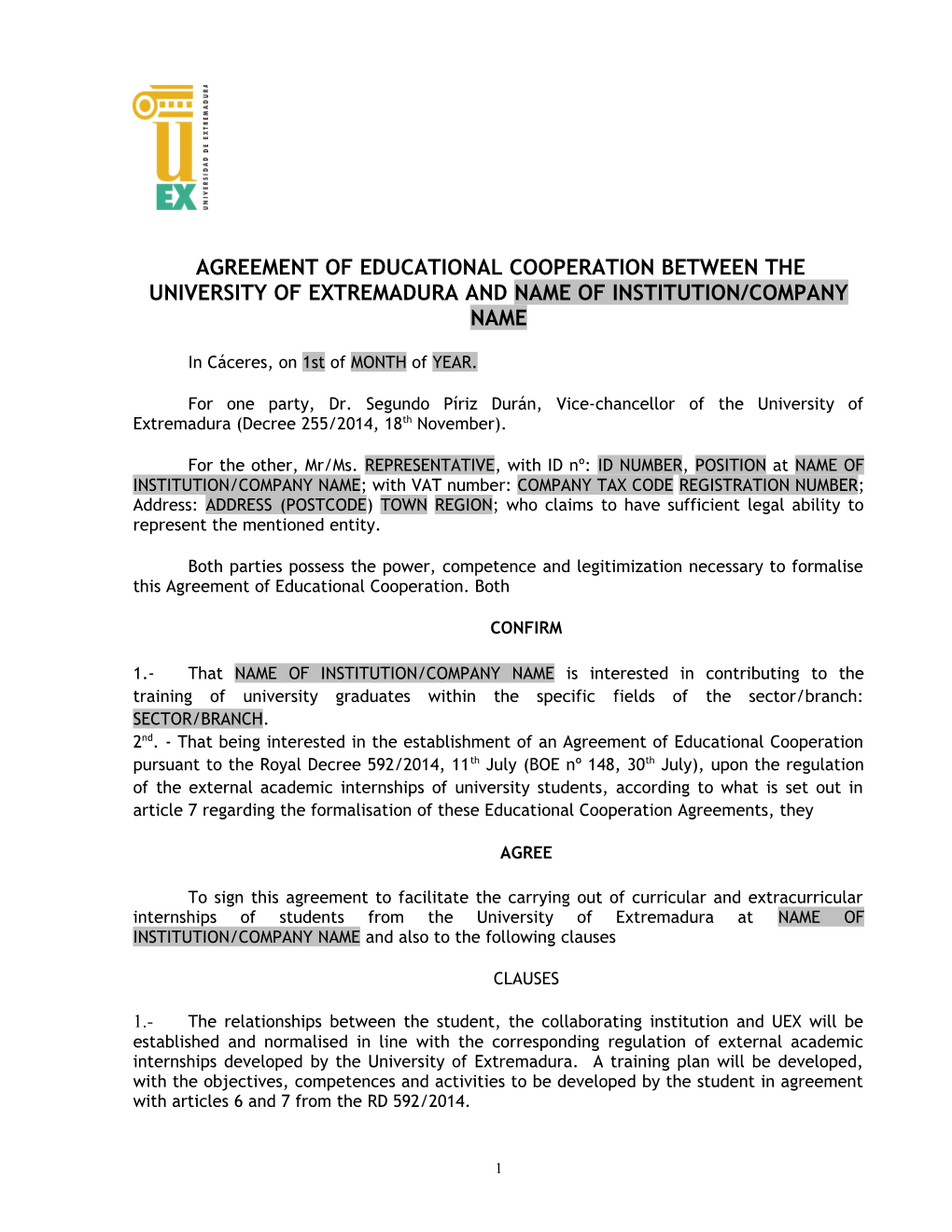 Agreement of Educational Cooperation Between the University of Extremadura and Name Of