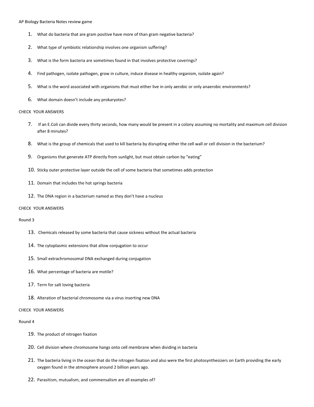 AP Biology Bacteria Notes Review Game