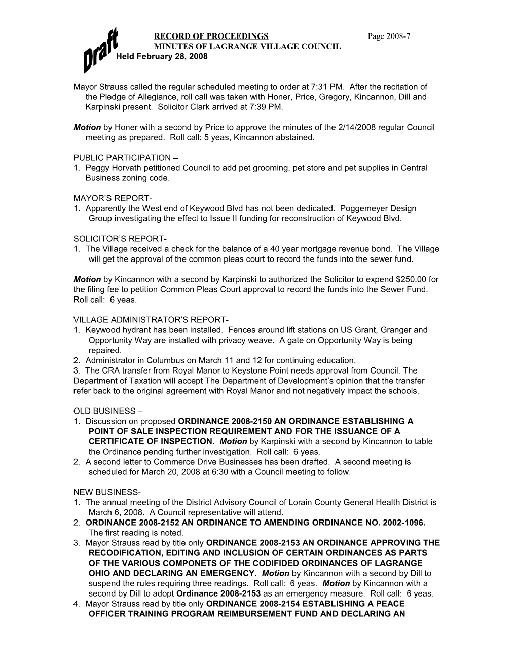 RECORD of PROCEEDINGS Page 2008-7 MINUTES of LAGRANGE VILLAGE COUNCIL