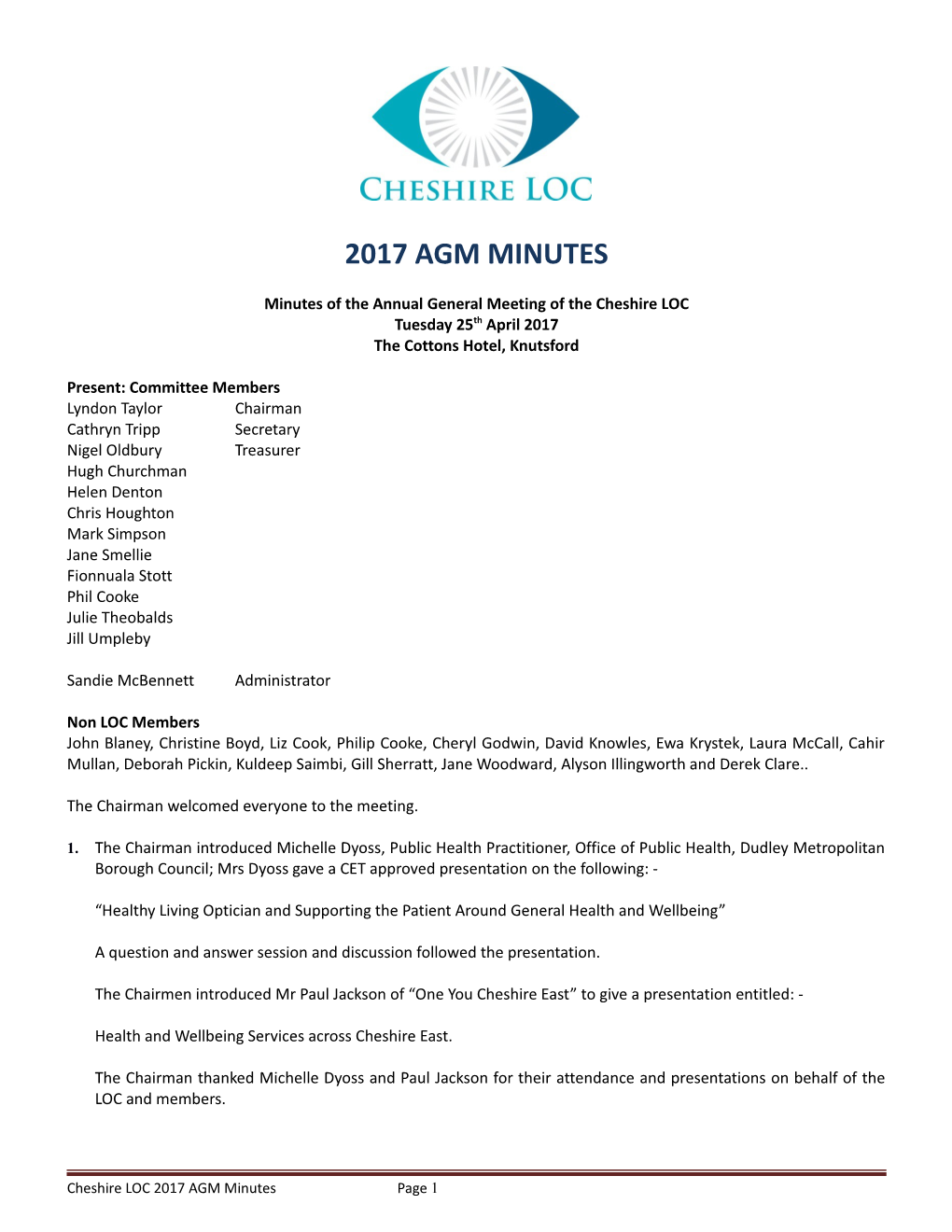 Minutes of the Annual General Meeting of the Cheshire LOC
