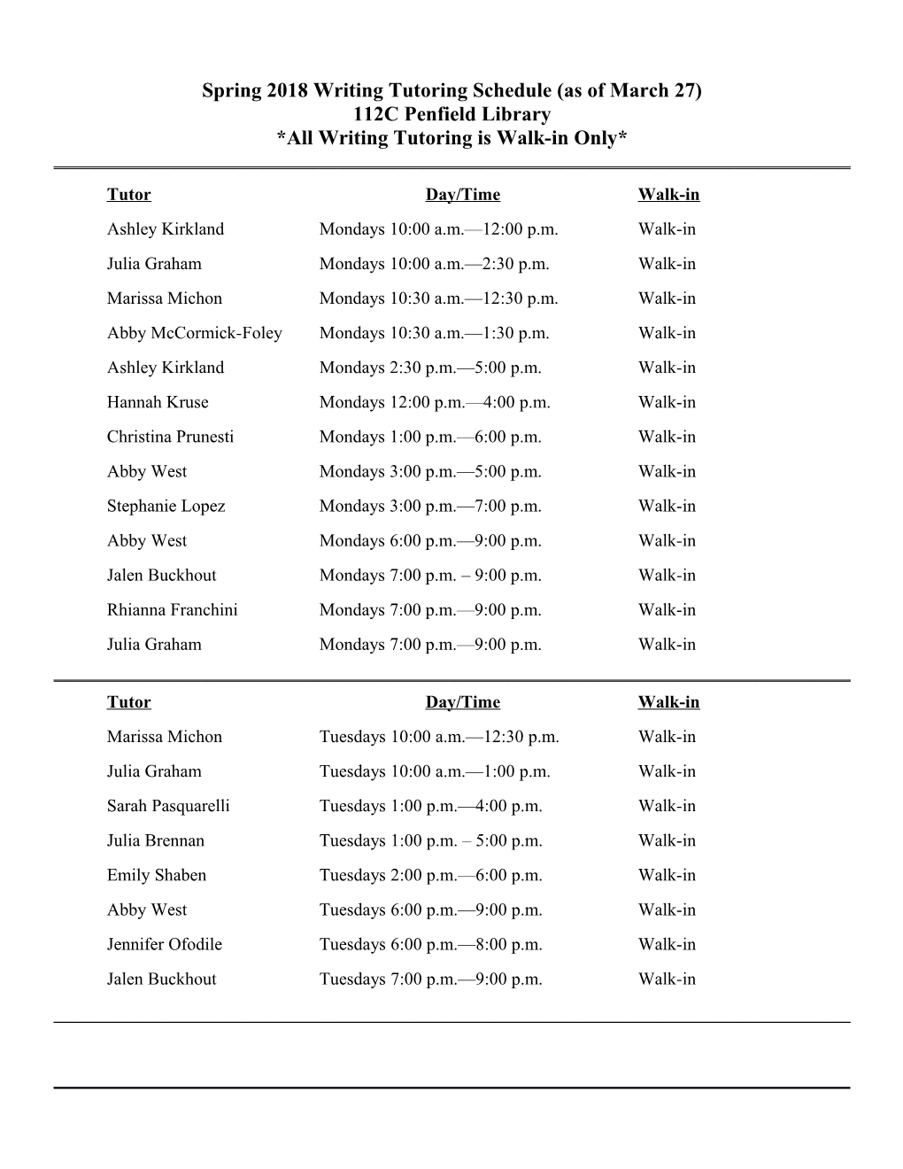 Spring 2018 Writing Tutoring Schedule (As of March 27)