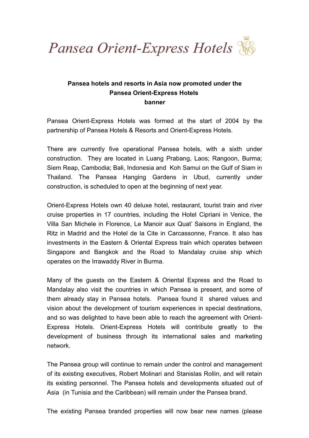 Pansea Hotels and Resorts in Asia Now Promoted Under The