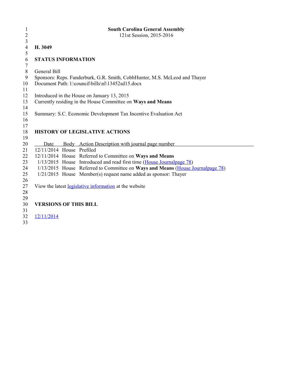 2015-2016 Bill 3049: S.C. Economic Development Tax Incentive Evaluation Act - South Carolina