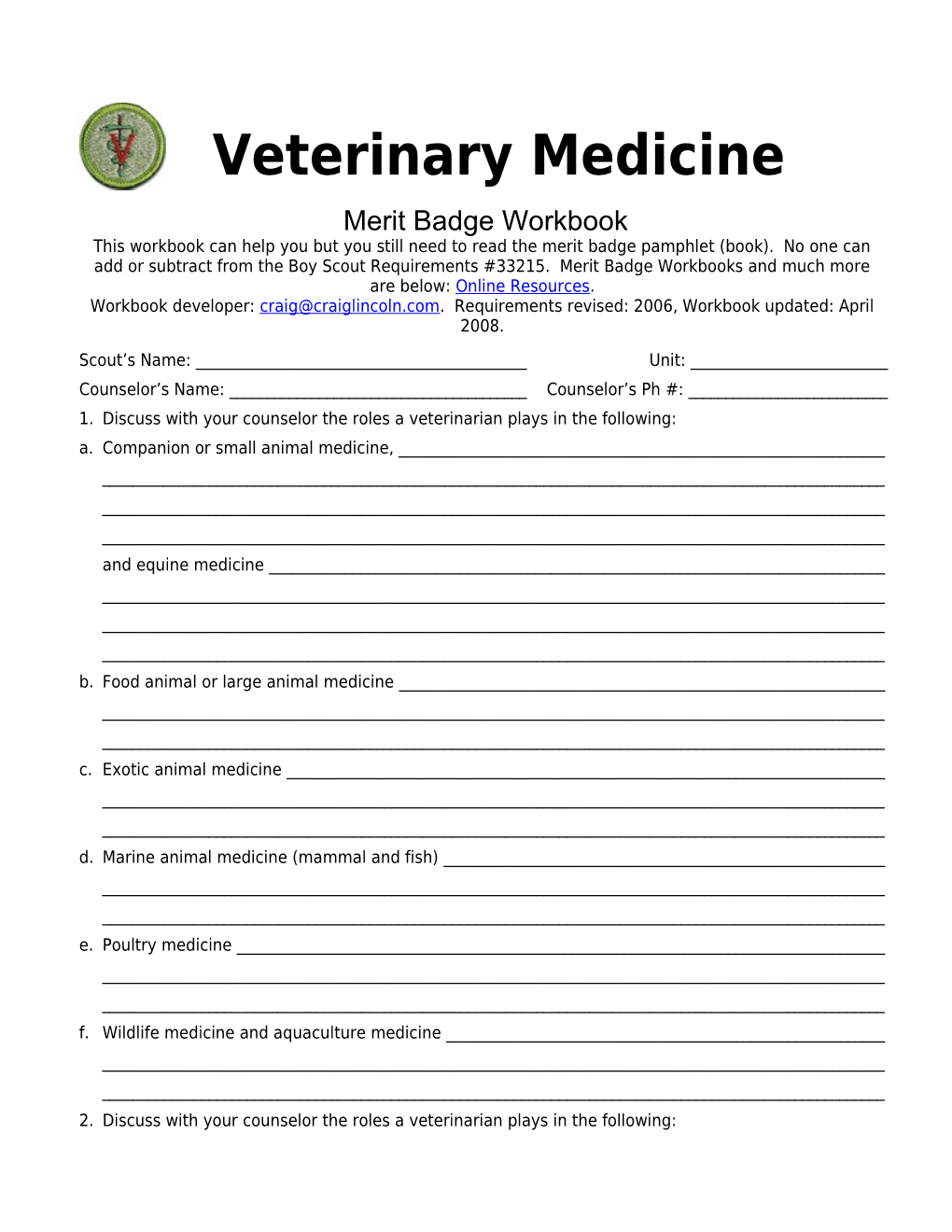 Veterinary Medicine P. 3 Merit Badge Workbook Scout's Name: ______
