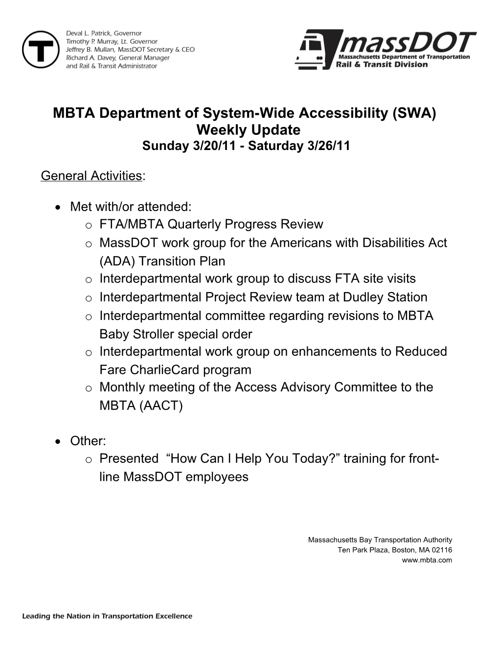 MBTA Department of System-Wide Accessibility (SWA)