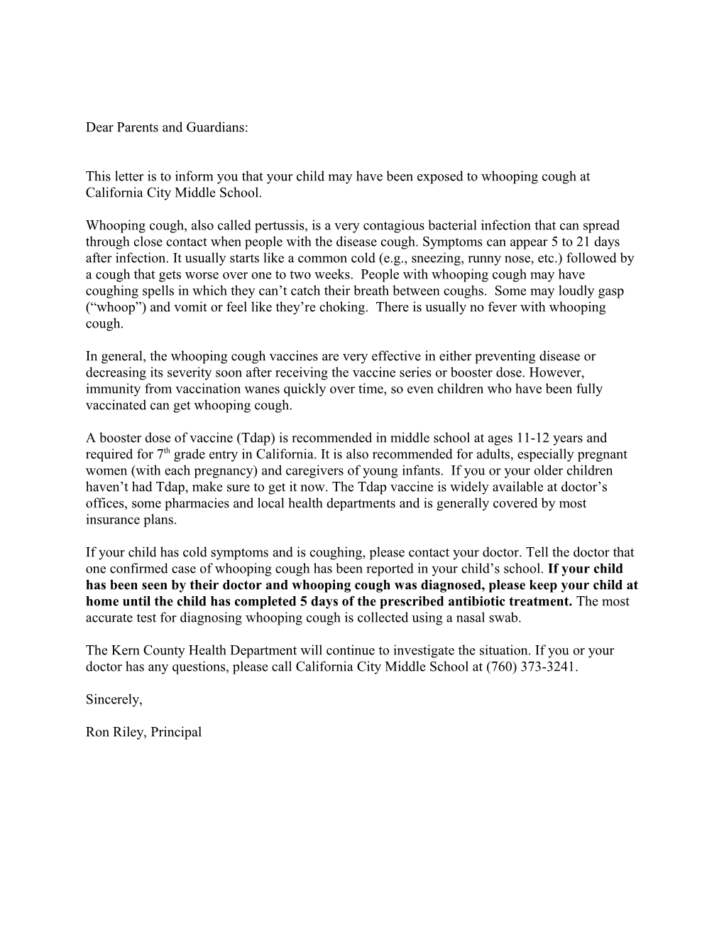 Pertussis (Whooping Cough) Notification Letter Template