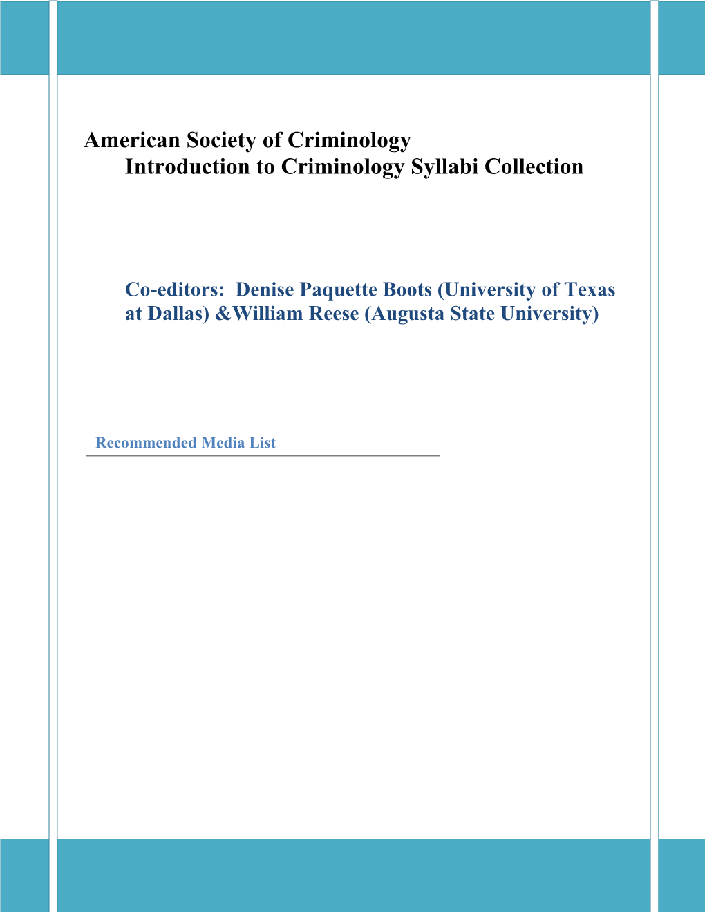 American Society of Criminology Introduction to Criminology Syllabi Collection