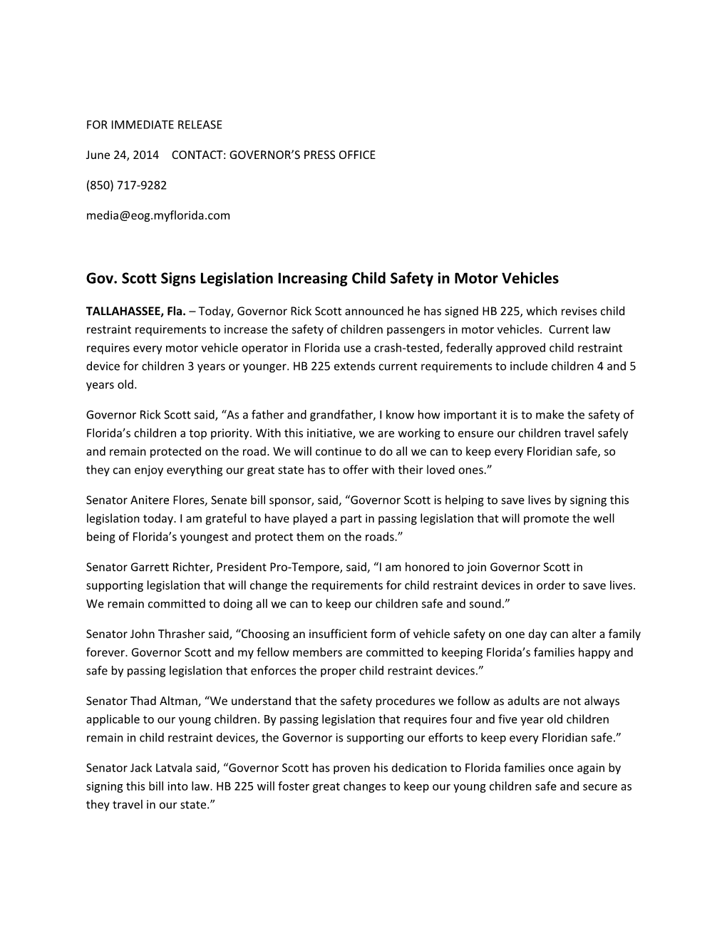 Gov. Scott Signs Legislation Increasing Child Safety in Motor Vehicles