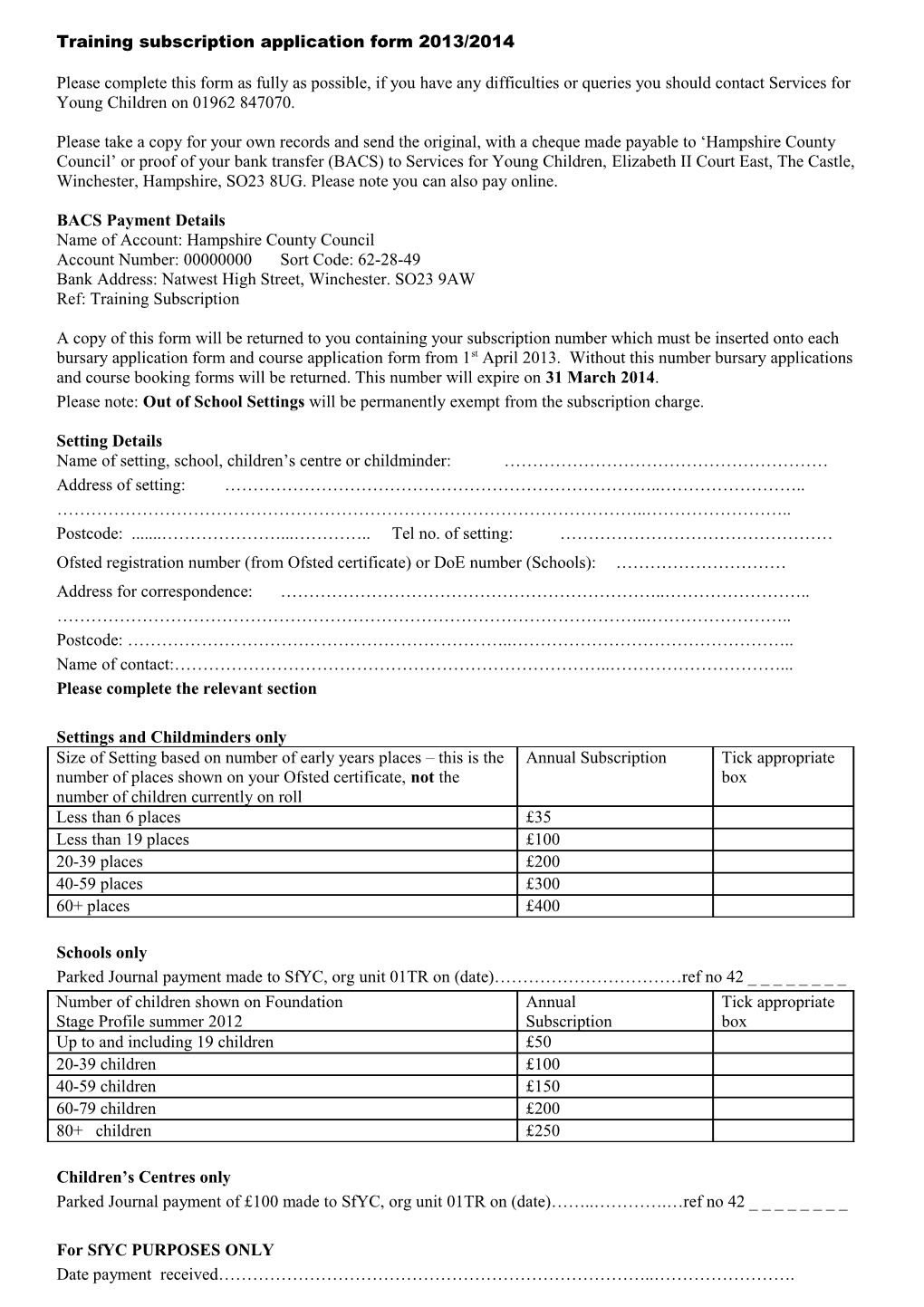 Training Subscription Application Form 2012/2013