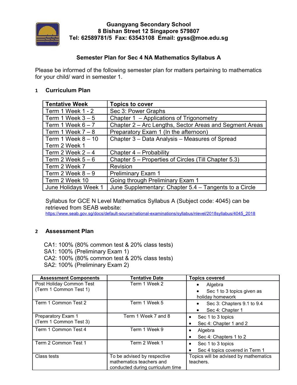 Semester Plan for Sec 4 Namathematics Syllabus A