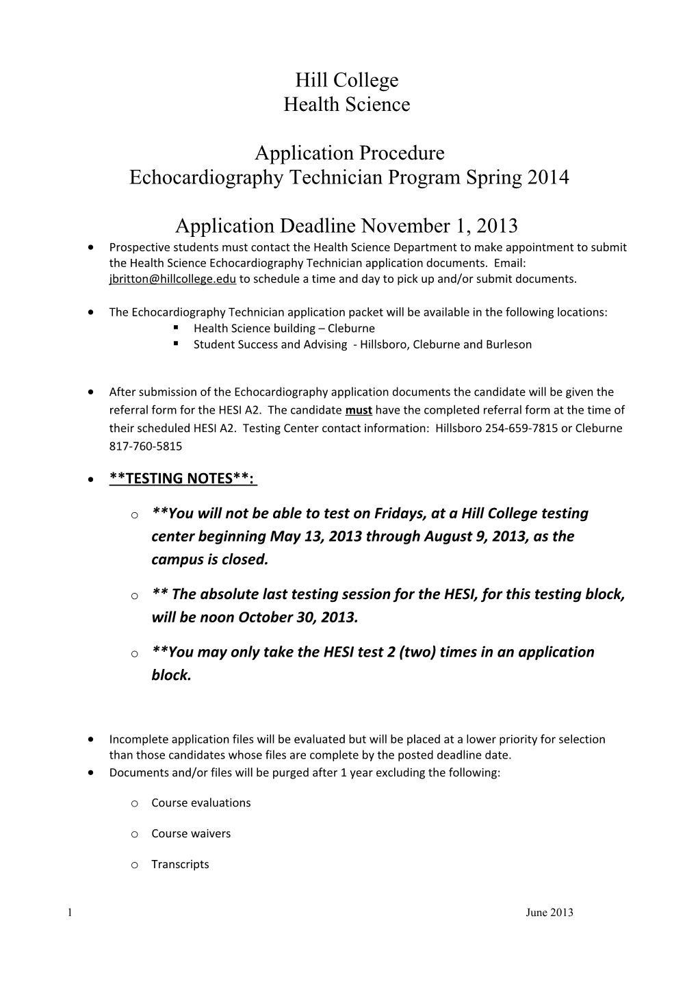 Echocardiography Technician Program Spring 2014
