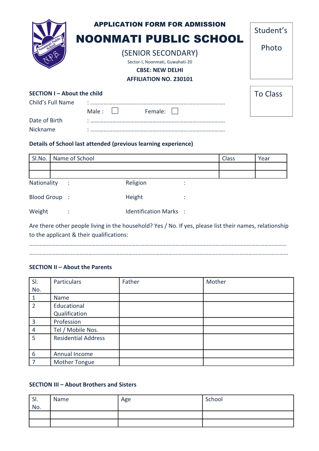 Details of School Last Attended (Previous Learning Experience)