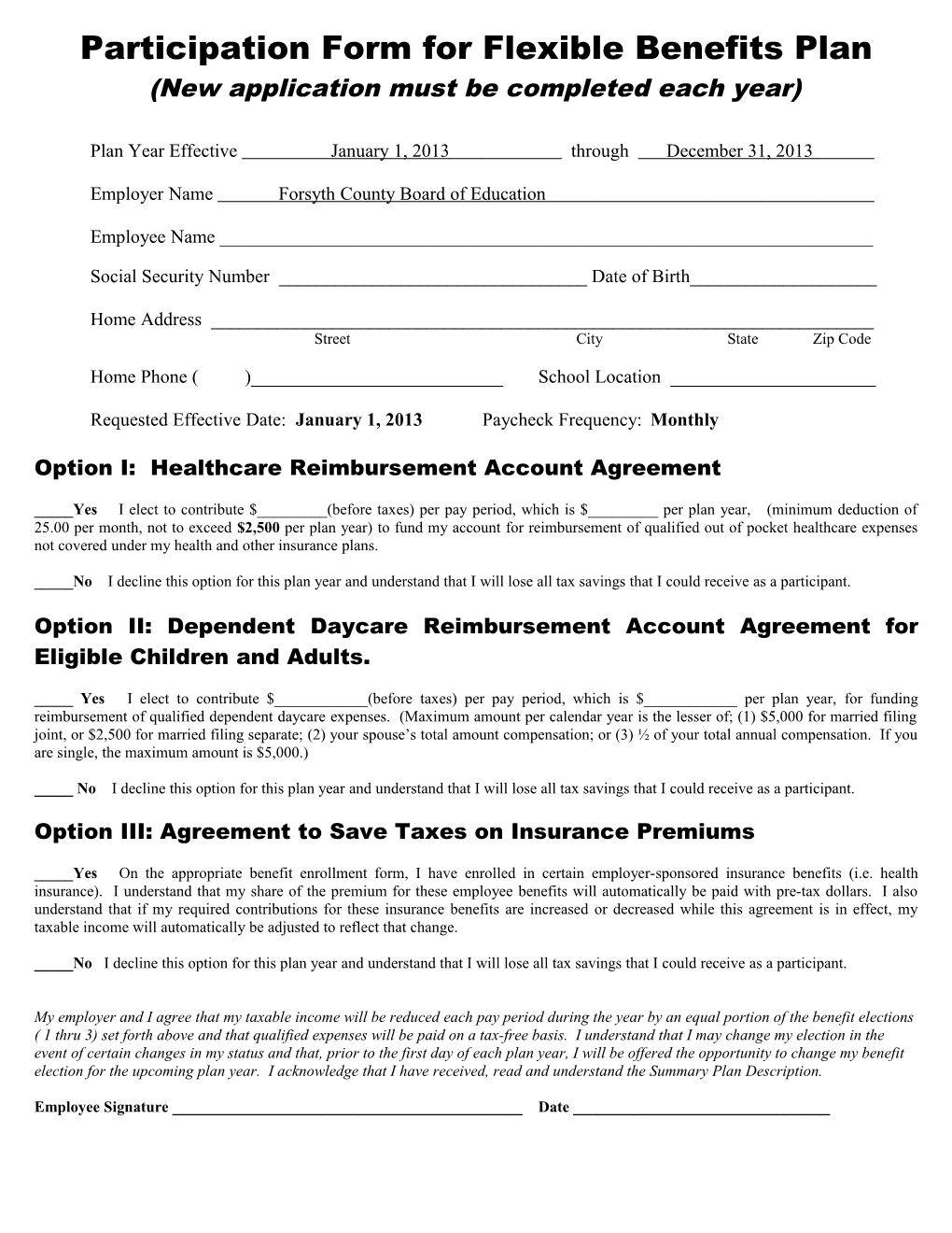 Participation Form for the Cafeteria Benefits Plan