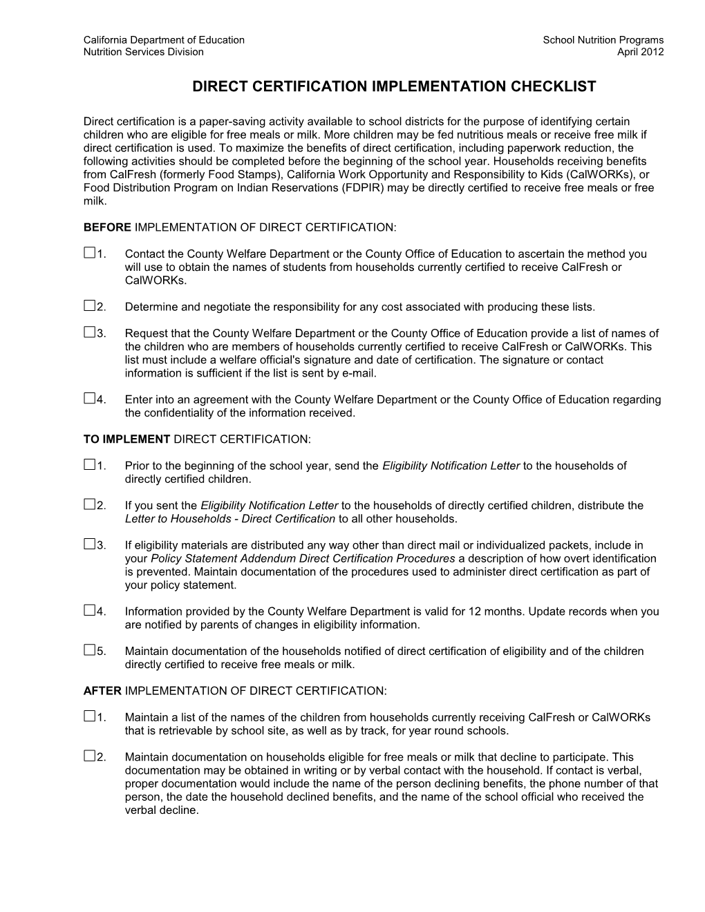 Direct Certification Implemementation Checklist - School Nutrition (CA Dept of Eduaction)