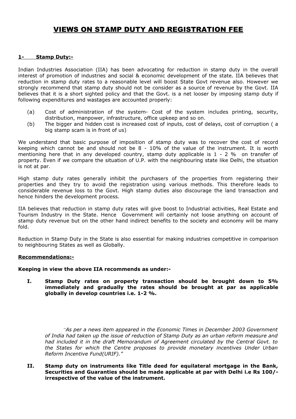 Views on Stamp Duty and Registration Fee