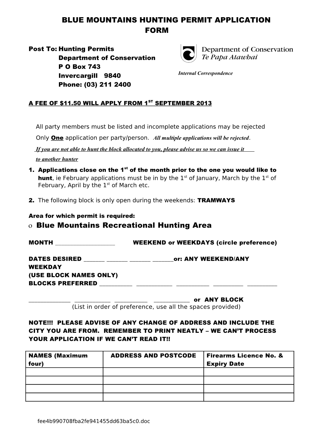 Blue Mountains Hunting Permit Application Form