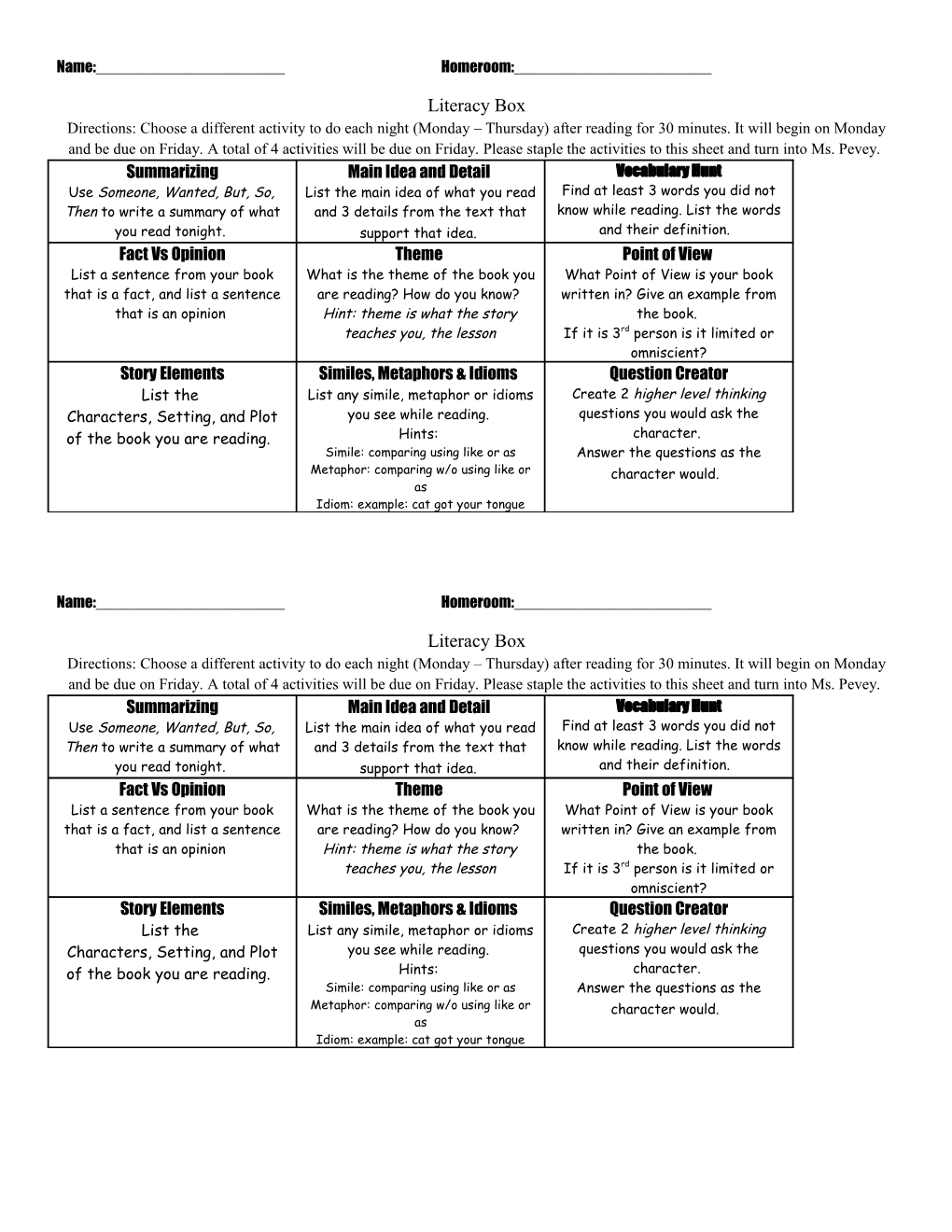 Directions: Choose a Different Activity to Do Each Night (Monday Thursday) After Reading