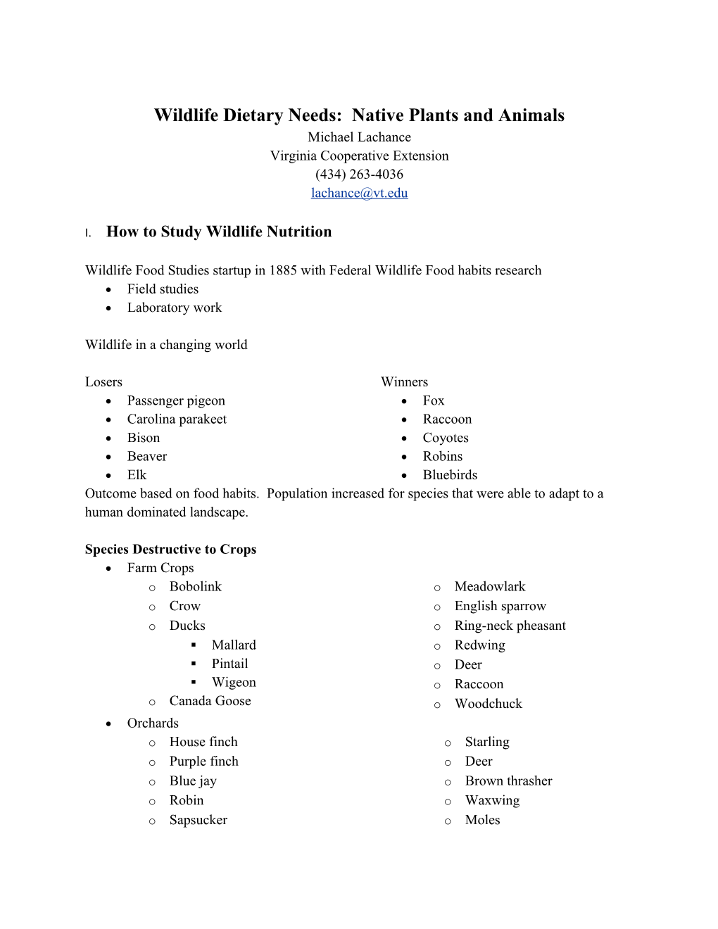 Wildlife Dietary Needs: Native Plants and Animals