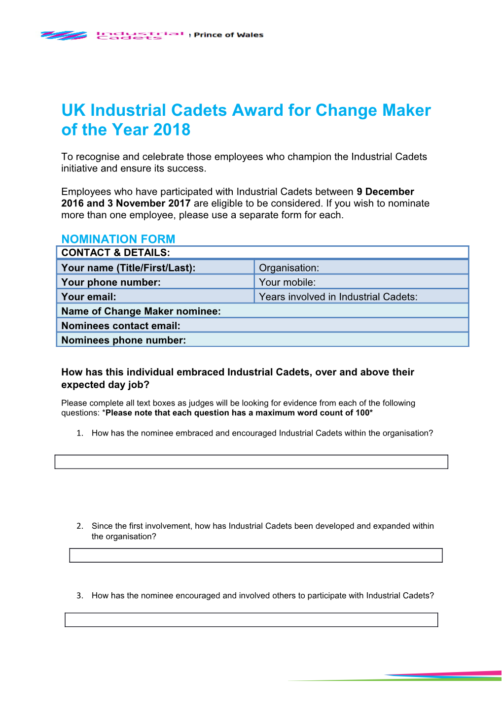 UK Industrial Cadets Award for Change Maker of the Year 2018