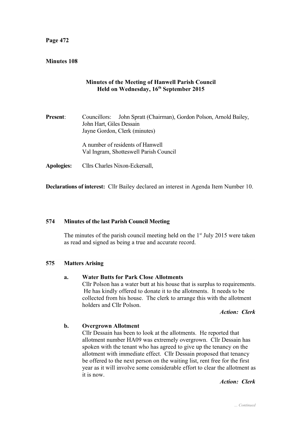 Minutes of the Meeting of Hanwell Parish Council