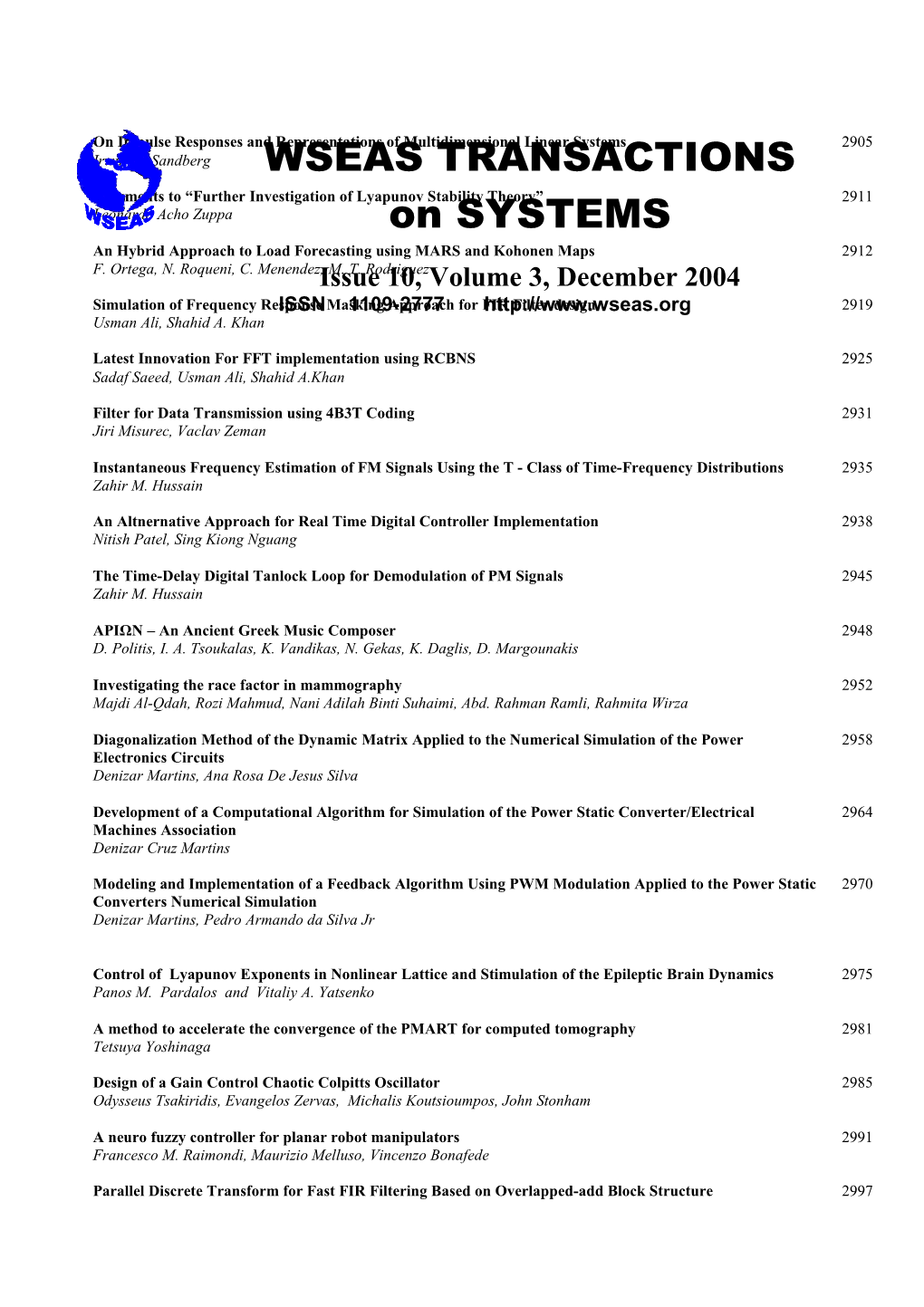 WSEAS Trans. on SYSTEMS, December 2004